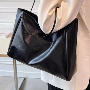 PU Black Leather Tote Bag - Madium Sized